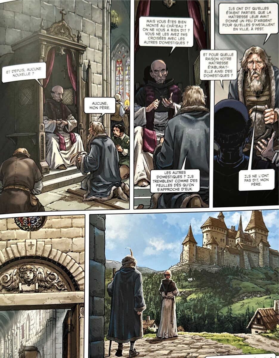 Extrait de la B.D. Elisabeth Bathory — La Comtesse sanglante, Delcourt. La disparition des filles, premier signe visible d'un mal qui gangrène le château