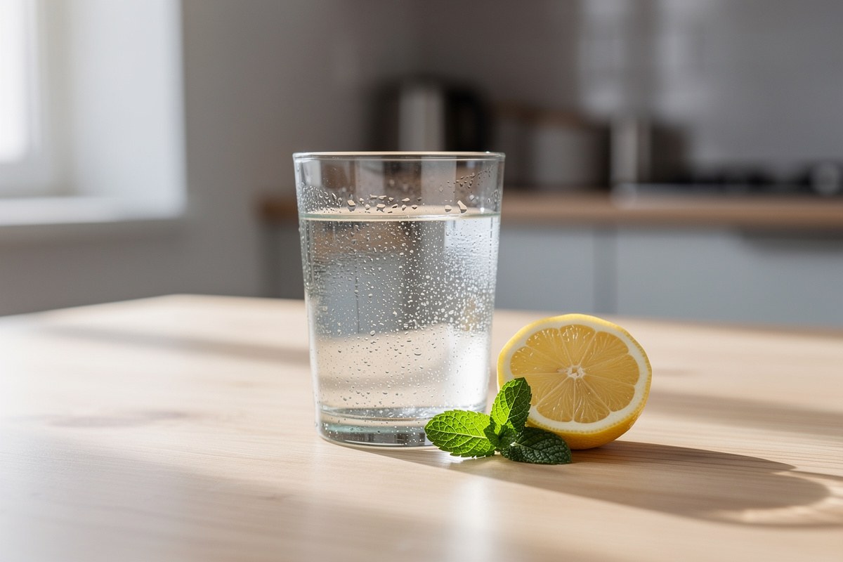 Verre d'eau fraîche sur une table en bois clair, tranche de citron et brin de menthe à côté.