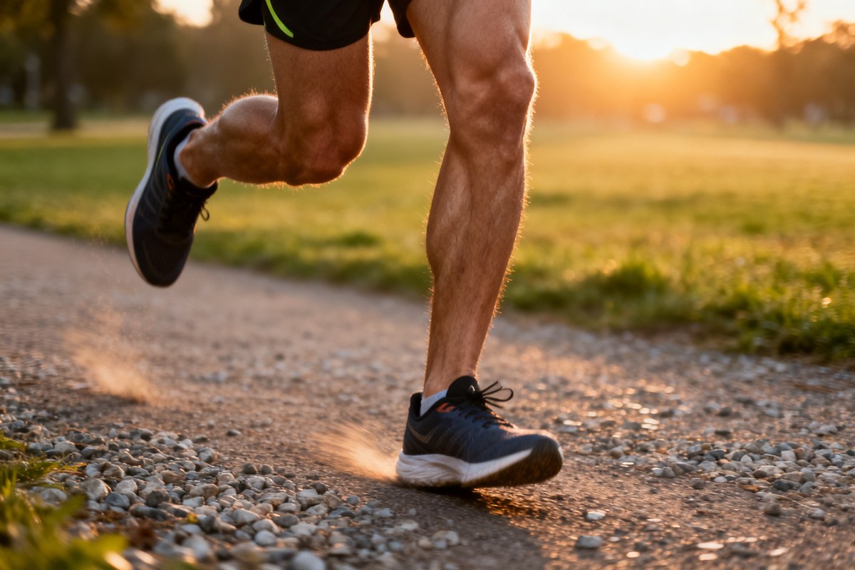 Jambes et genoux d'un coureur en pleine foulee sur un chemin au coucher du soleil