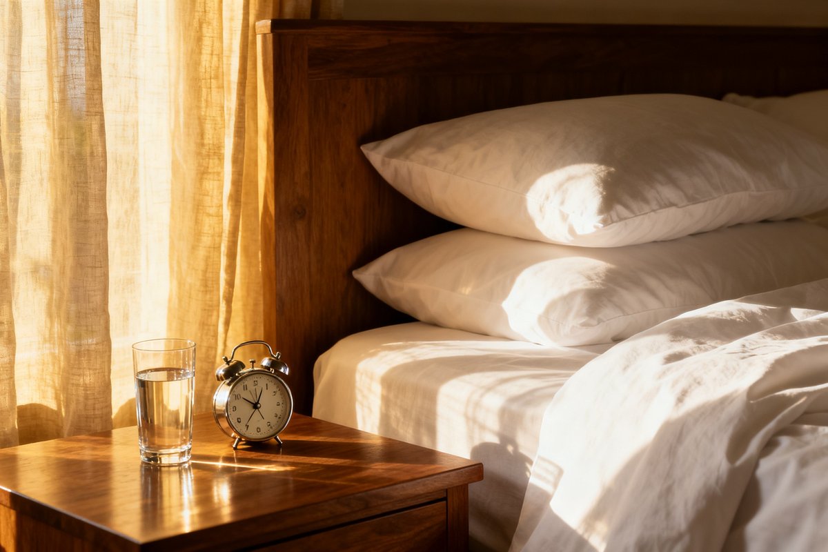 Chambre lumineuse au petit matin, lit soigneusement fait et réveil sur la table de chevet