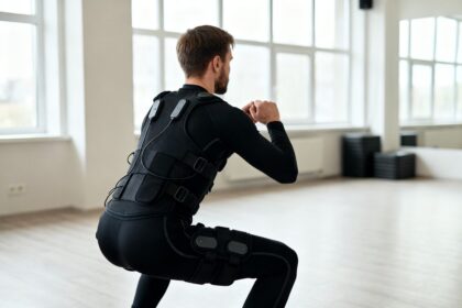 Personne de dos en combinaison d'électrostimulation tenant un squat dans un studio de fitness