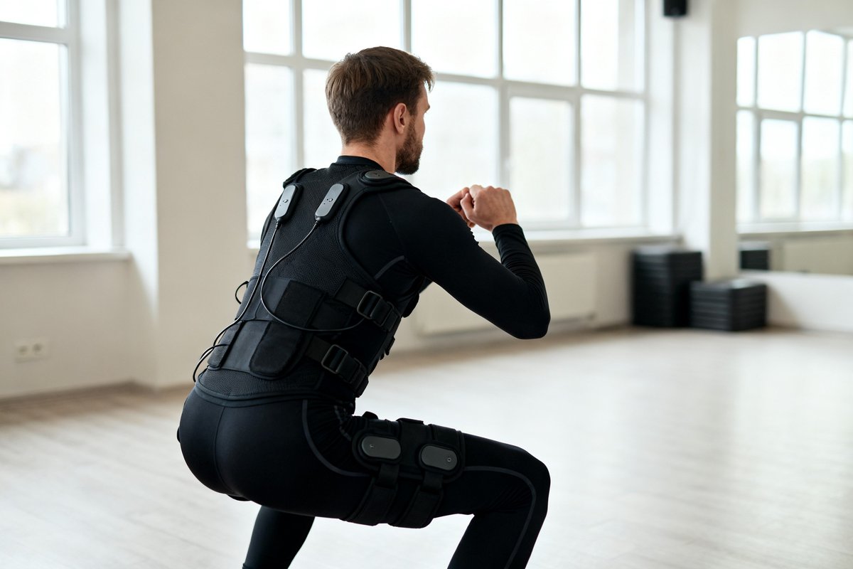 Personne de dos en combinaison d'électrostimulation tenant un squat dans un studio de fitness