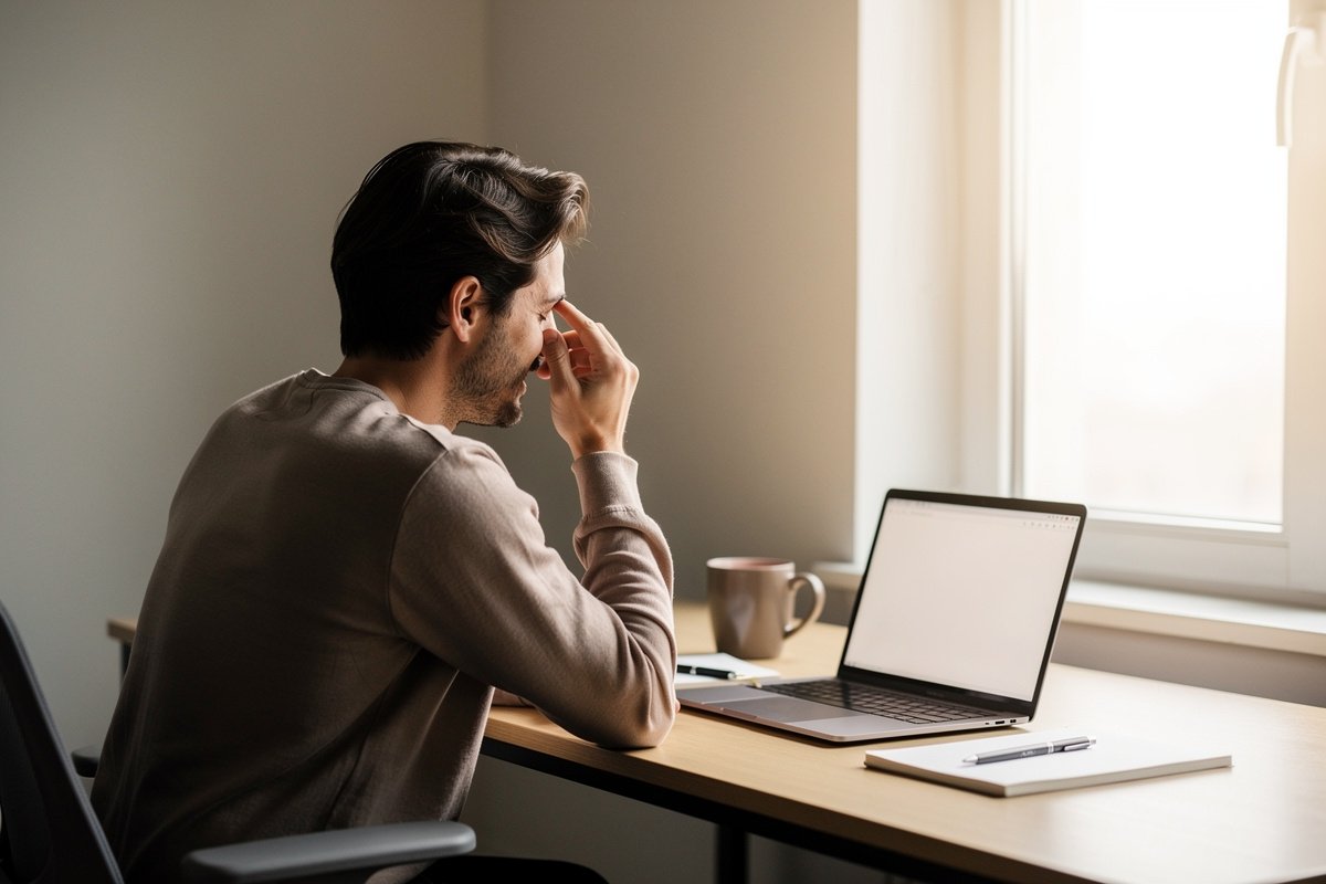Personne assise à un bureau, paupières closes et doigts posés sur les yeux pour une pause loin de l'écran.