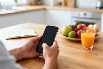 Mains tenant un smartphone dans une cuisine, fruits frais et verre de jus d'orange posés sur une table en bois.
