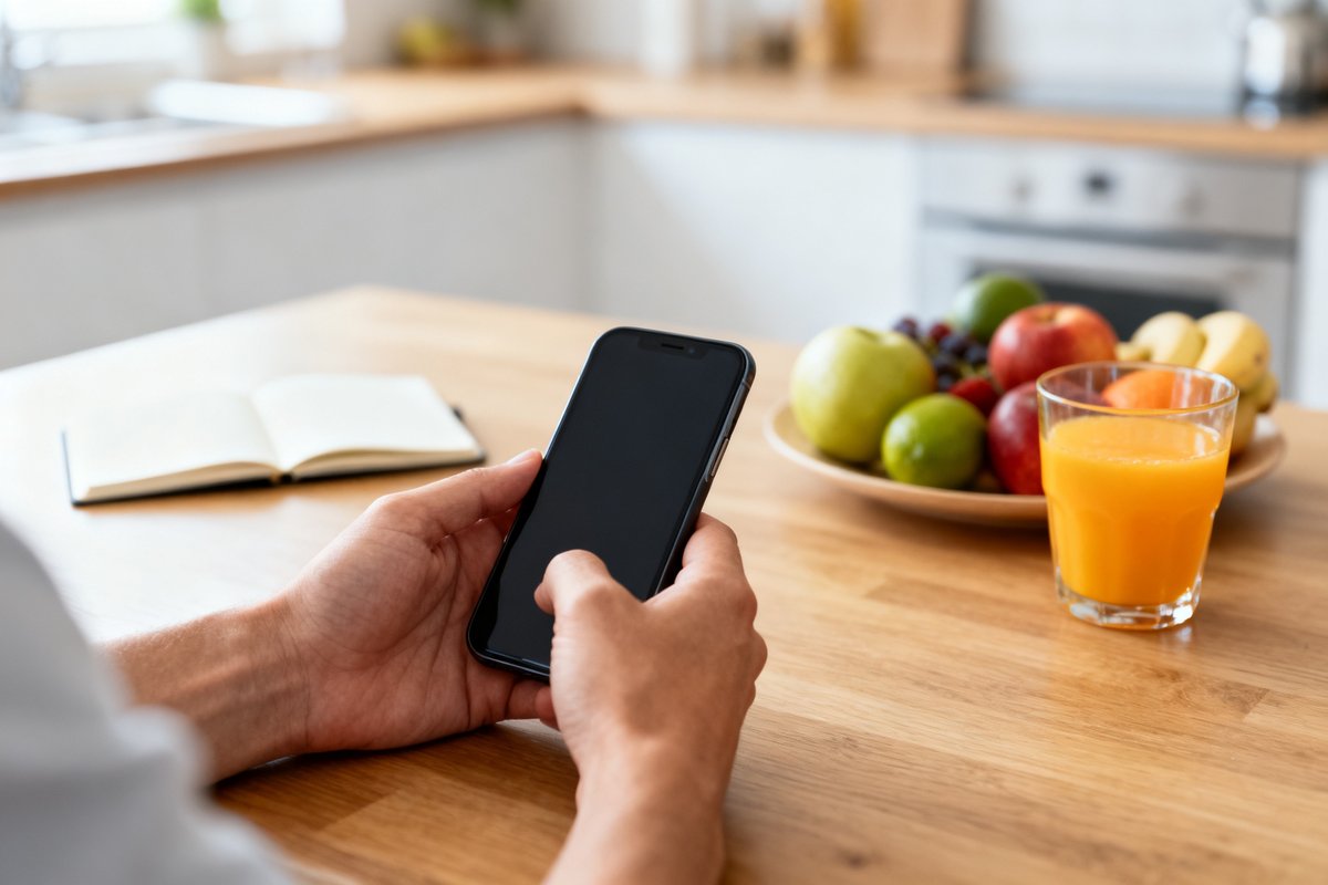 Mains tenant un smartphone dans une cuisine, fruits frais et verre de jus d'orange posés sur une table en bois.