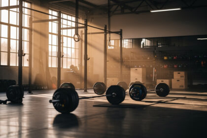 Salle de musculation moderne illuminée en lumière dorée, barres et anneaux en avant-plan
