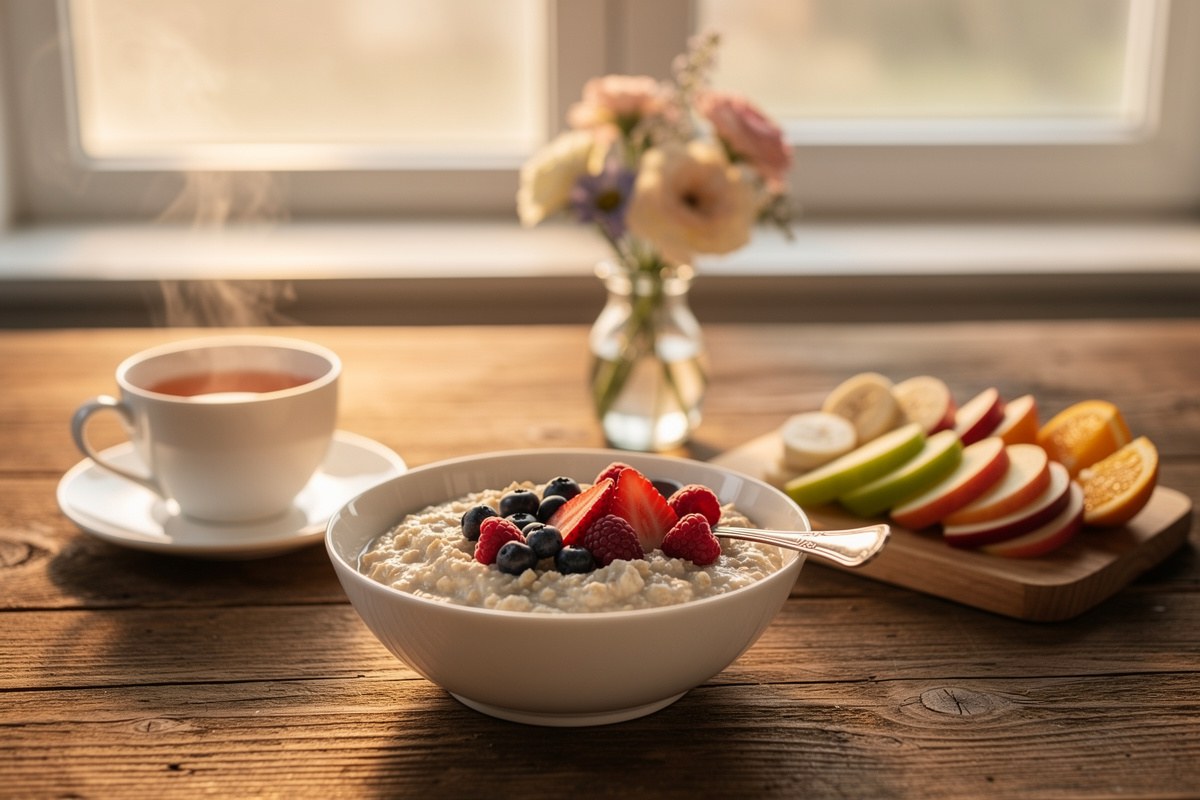 Petit-déjeuner sur une table en bois avec bol d'avoine, fruits frais et tasse de thé, lumière naturelle du matin.