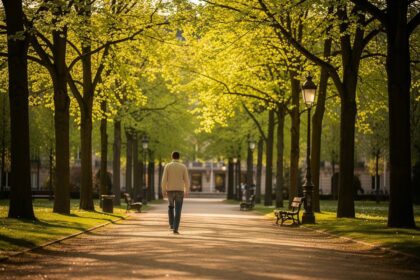 Promenade dans une allée arborée d un parc européen en début d après-midi, lumière douce filtrée par les feuillages