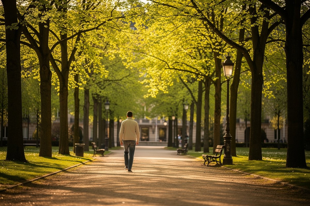 Promenade dans une allée arborée d un parc européen en début d après-midi, lumière douce filtrée par les feuillages