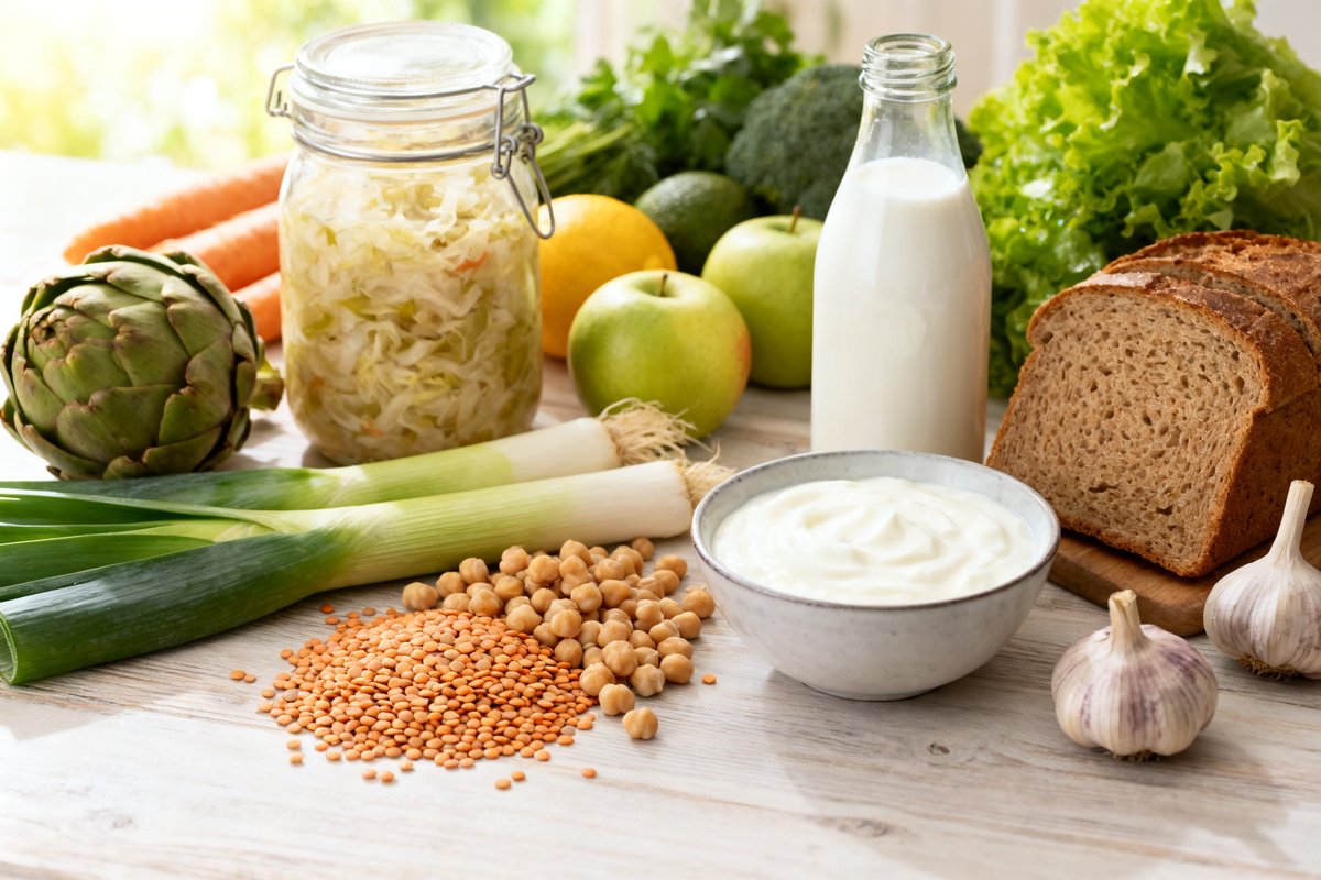 Aliments riches en fibres et aliments fermentés disposés sur une table en bois clair