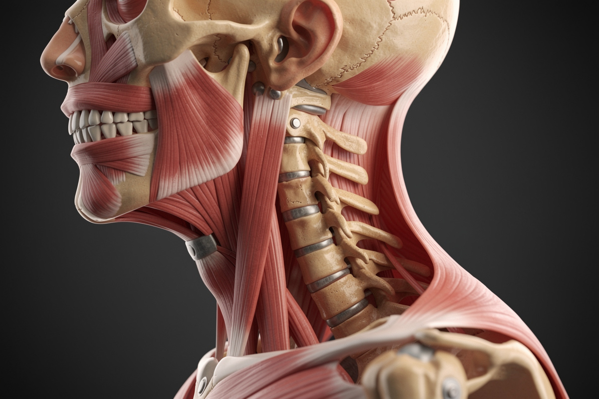 Illustration anatomique de la colonne cervicale et des muscles du cou en vue de profil.