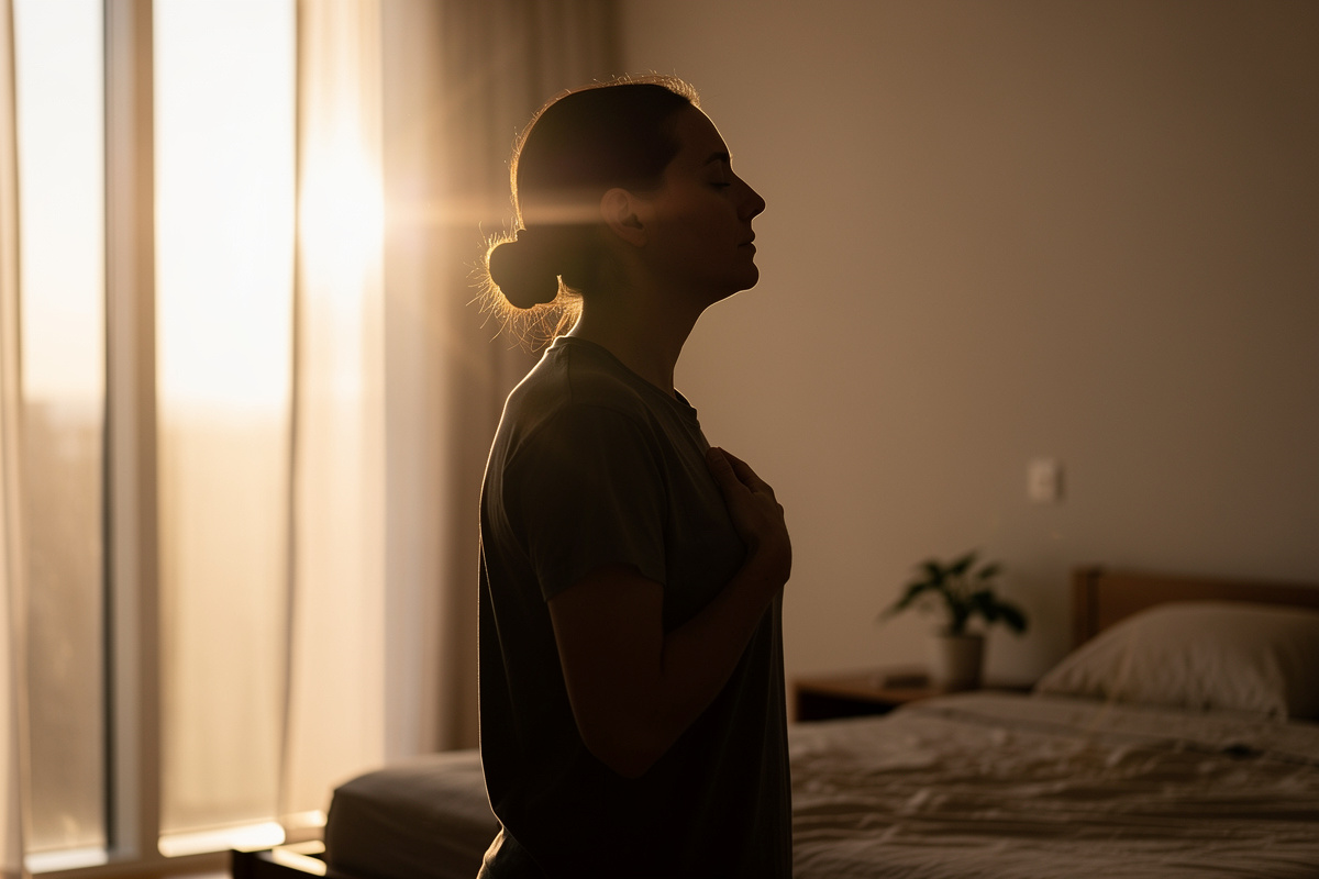Silhouette d'une personne pratiquant une respiration lente dans une chambre baignée de lumière matinale.