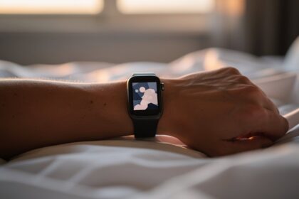 Bracelet connecté de suivi du sommeil porté à un poignet sur des draps blancs, lumière matinale douce