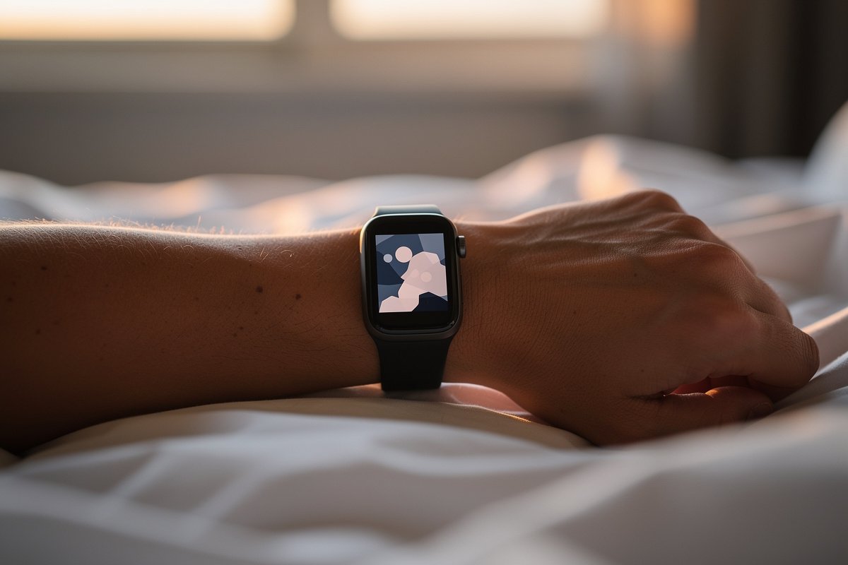 Bracelet connecté de suivi du sommeil porté à un poignet sur des draps blancs, lumière matinale douce