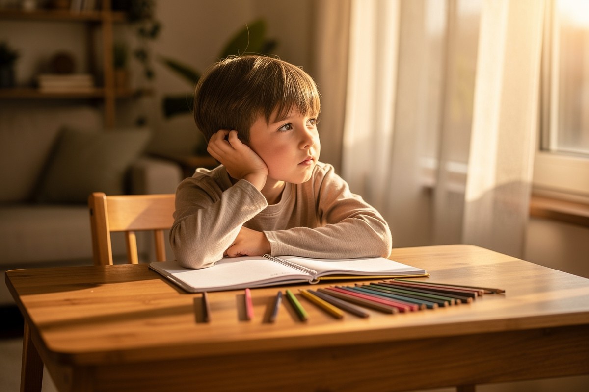 Enfant d'environ 8 ans, pensif, devant un cahier ouvert sur un bureau près d'une fenêtre lumineuse