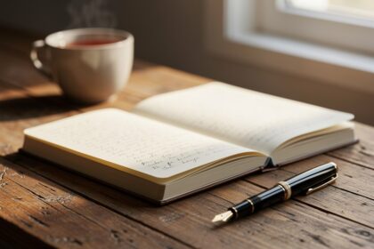 Carnet ouvert avec notes manuscrites sur un bureau en bois, stylo plume posé à côté et tasse de thé en arrière-plan