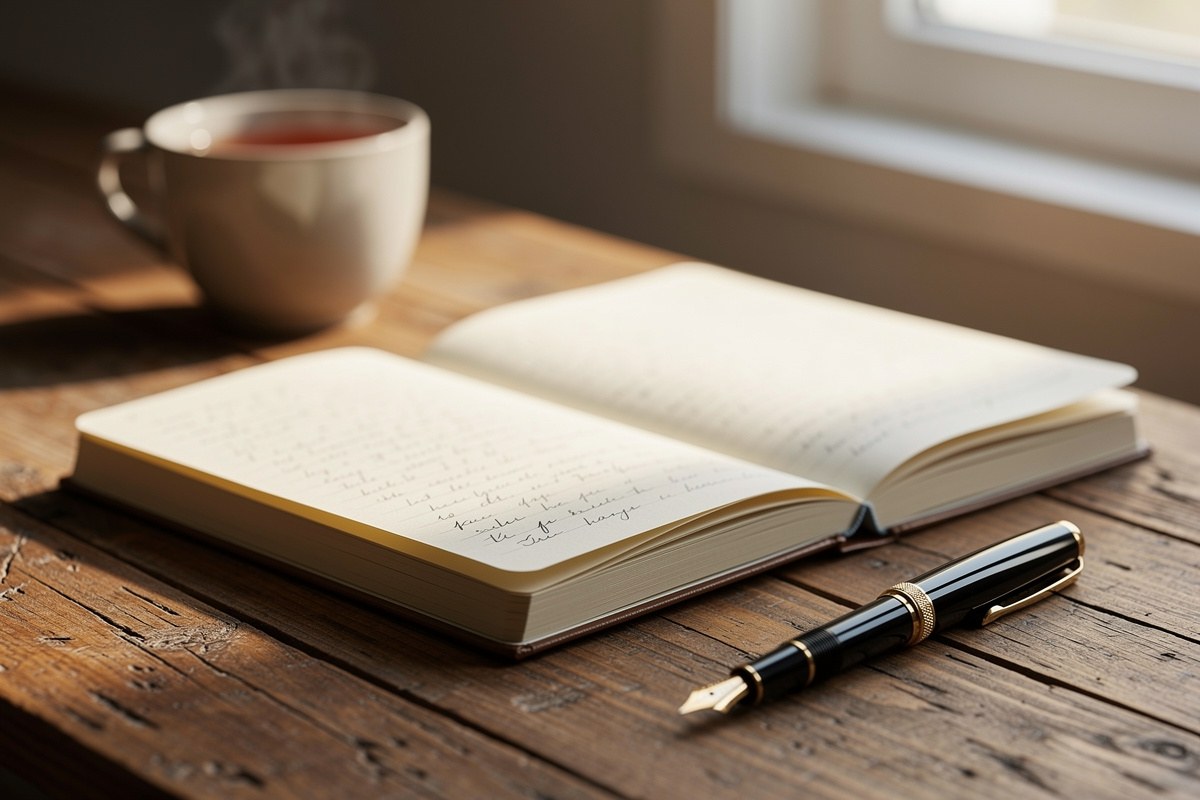 Carnet ouvert avec notes manuscrites sur un bureau en bois, stylo plume posé à côté et tasse de thé en arrière-plan