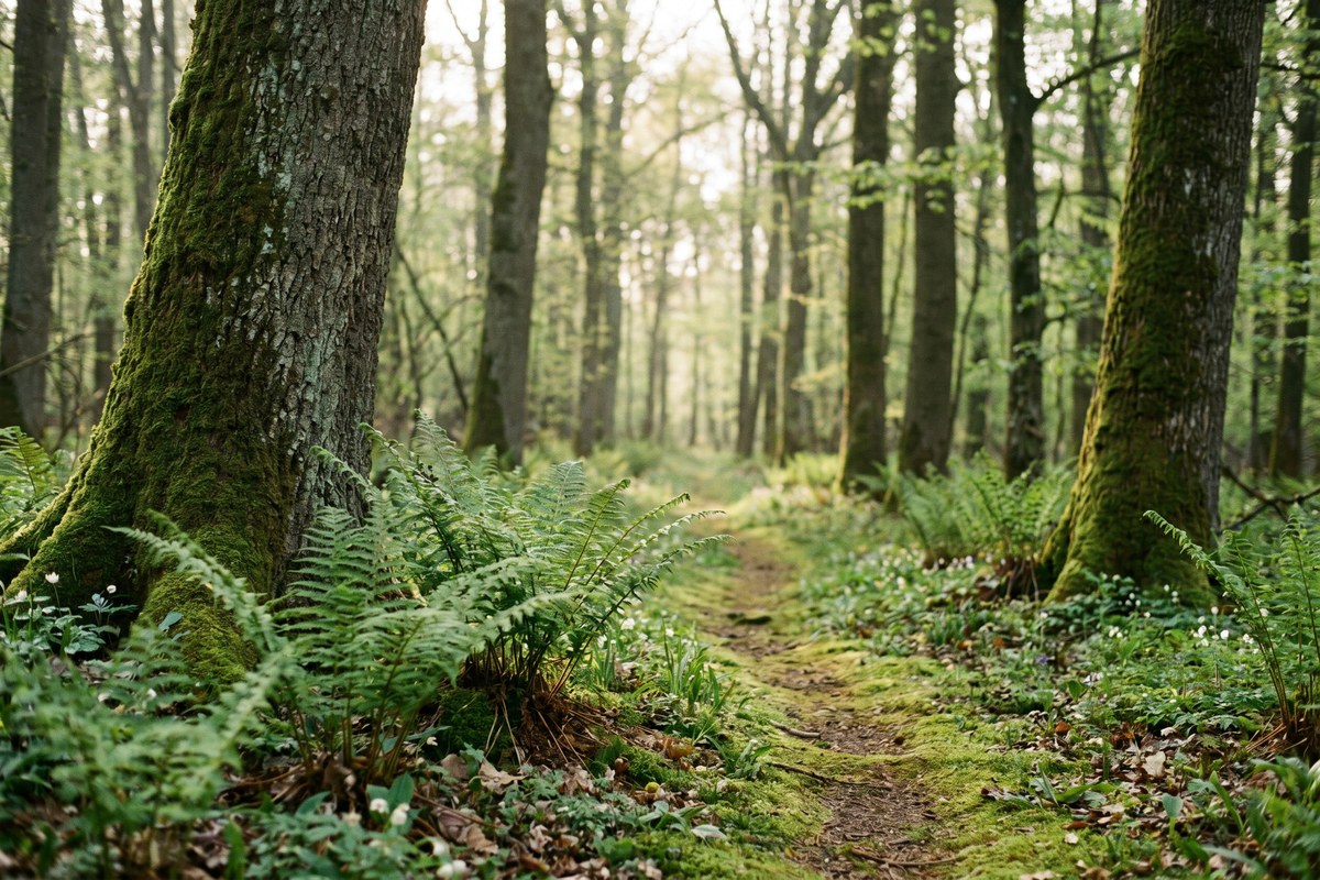 Sentier forestier baigné de lumière entre des arbres feuillus au printemps.