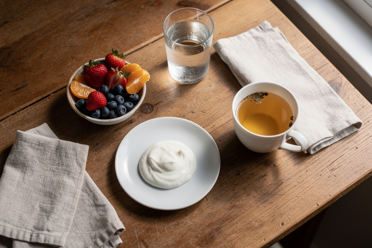 Petit déjeuner équilibré aux fruits frais et yaourt sur une table en bois, lumière douce du matin.