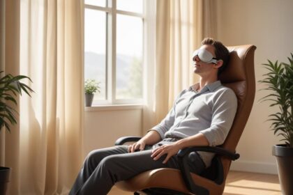 Personne reposant les yeux fermés en milieu de journée dans un espace calme et lumineux.