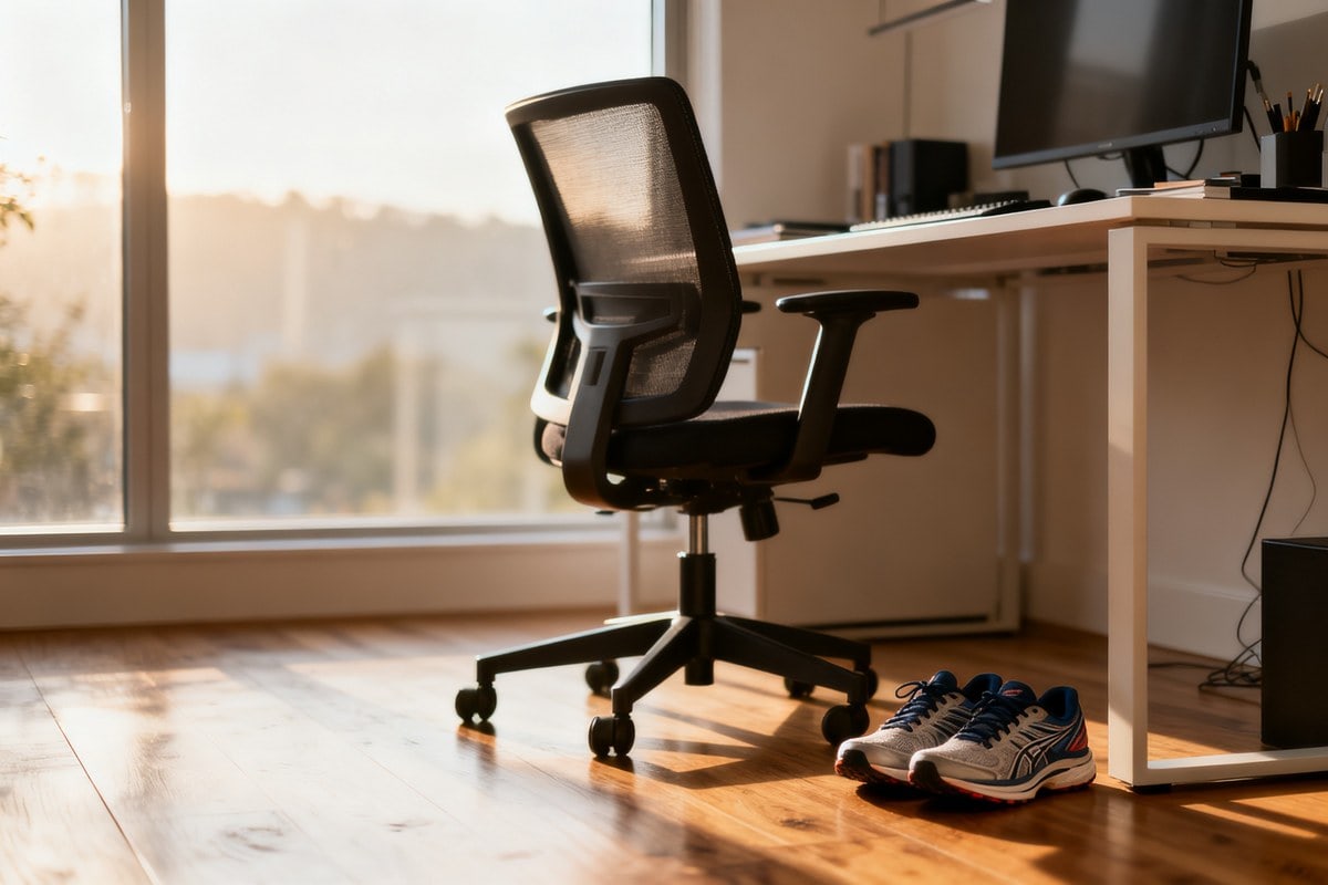 Chaise de bureau vide et chaussures de running posées sur le sol près d'une fenêtre
