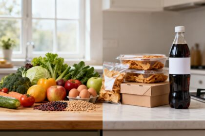 Plan de travail de cuisine avec aliments frais d'un cote et produits industriels emballes de l'autre