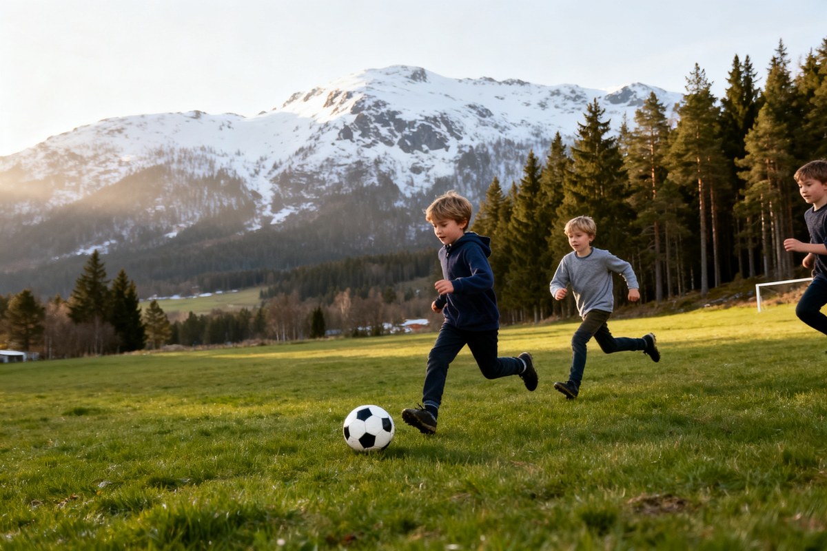 Enfants jouant au football et courant en plein air dans un paysage nordique