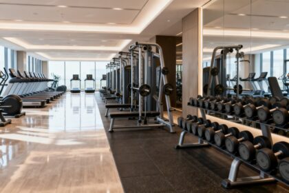 Intérieur d'une salle de sport moderne avec machines de musculation, haltères et appareils de cardio bien éclairés