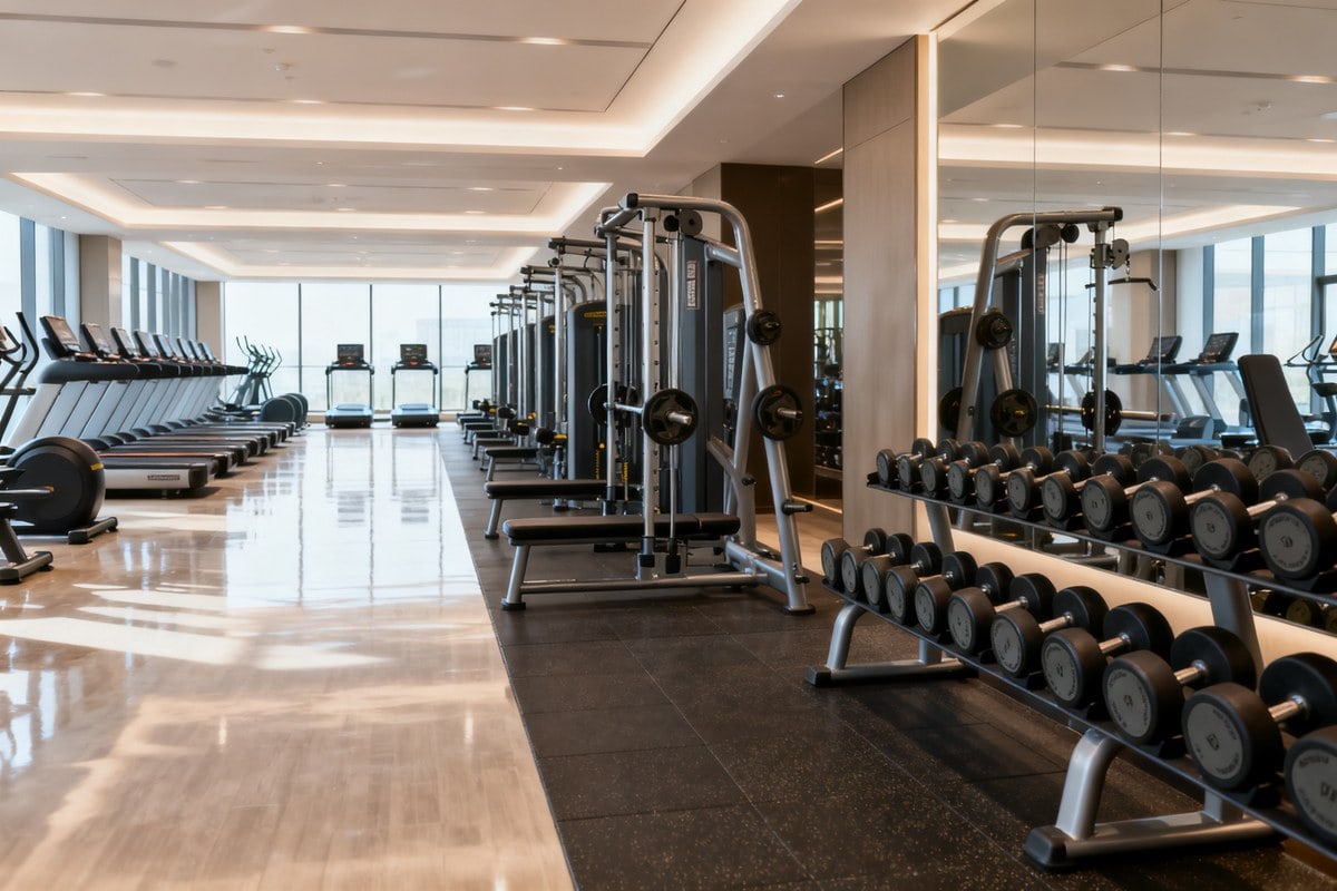 Intérieur d'une salle de sport moderne avec machines de musculation, haltères et appareils de cardio bien éclairés