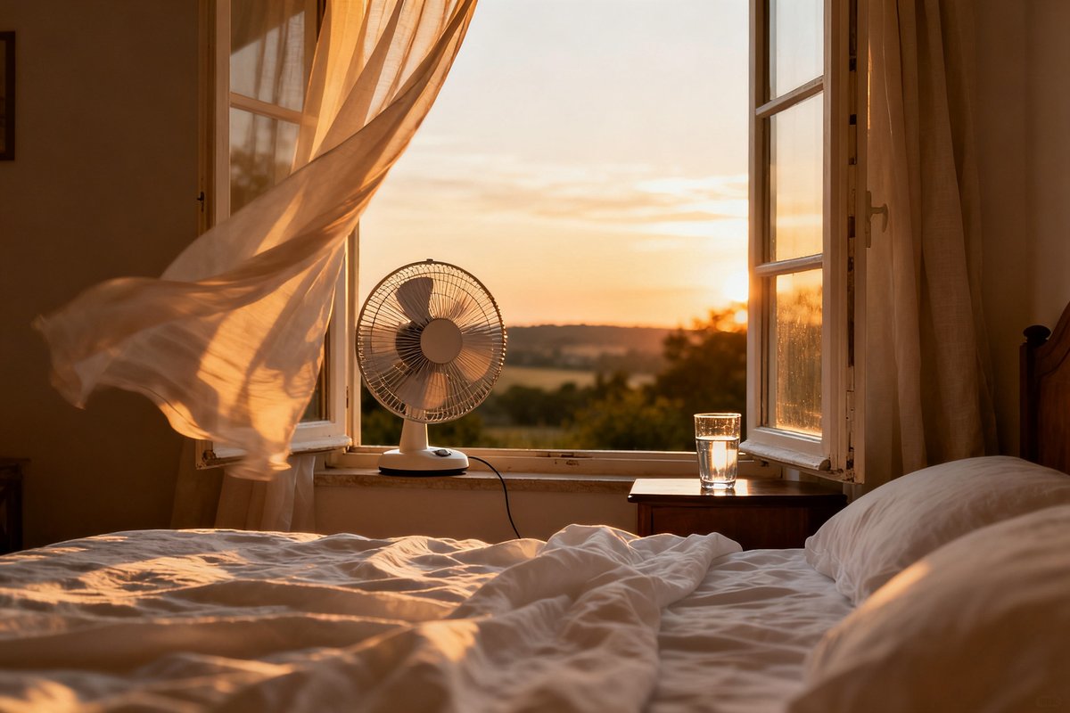 Chambre au soir d'été, lit aux draps clairs, ventilateur et fenêtre ouverte sur la lumière du couchant