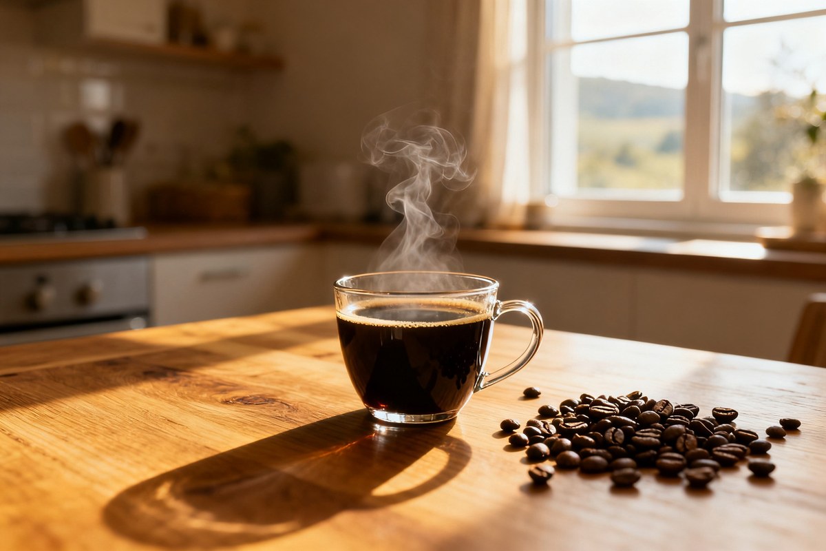 Tasse de café noir fumant sur une table en bois près d'une fenêtre, grains de café à côté