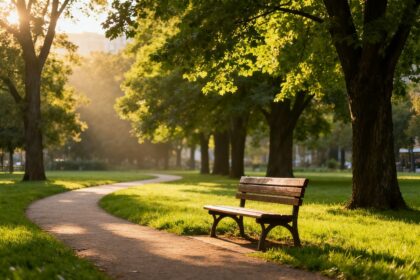 Parc urbain verdoyant avec de grands arbres, un banc en bois et un chemin baigné de lumière matinale.