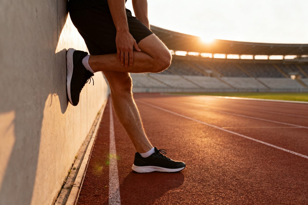 Sportif s'étirant le mollet contre un mur sur une piste d'athlétisme au lever du jour