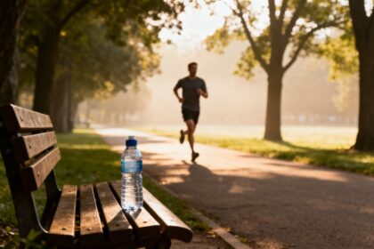 Coureur sur un chemin ombragé d'un parc à la lumière du matin en été, gourde posée à côté