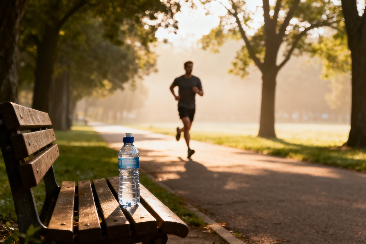 Coureur sur un chemin ombragé d'un parc à la lumière du matin en été, gourde posée à côté