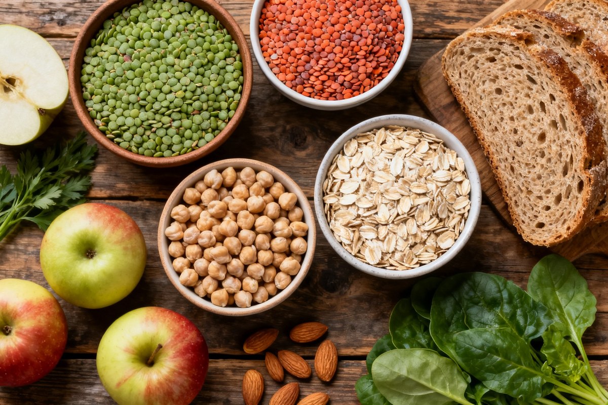 Aliments riches en fibres sur une table en bois : legumineuses, flocons d'avoine, pain complet, pommes et amandes.
