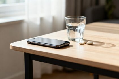 Smartphone posé sur une table en bois près d'un verre d'eau et de quelques gélules de complément.