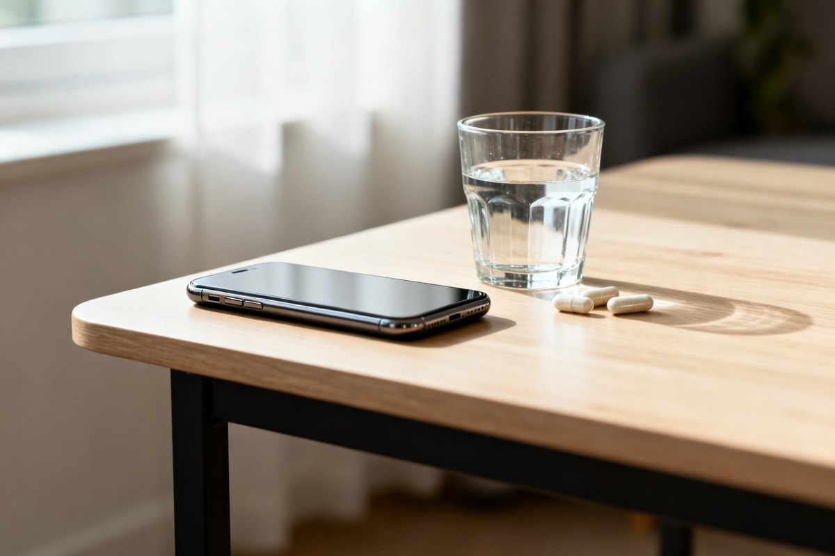 Smartphone posé sur une table en bois près d'un verre d'eau et de quelques gélules de complément.