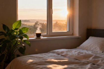 Lumiere du matin entrant par une fenetre dans une chambre, tasse de cafe fumant sur le rebord