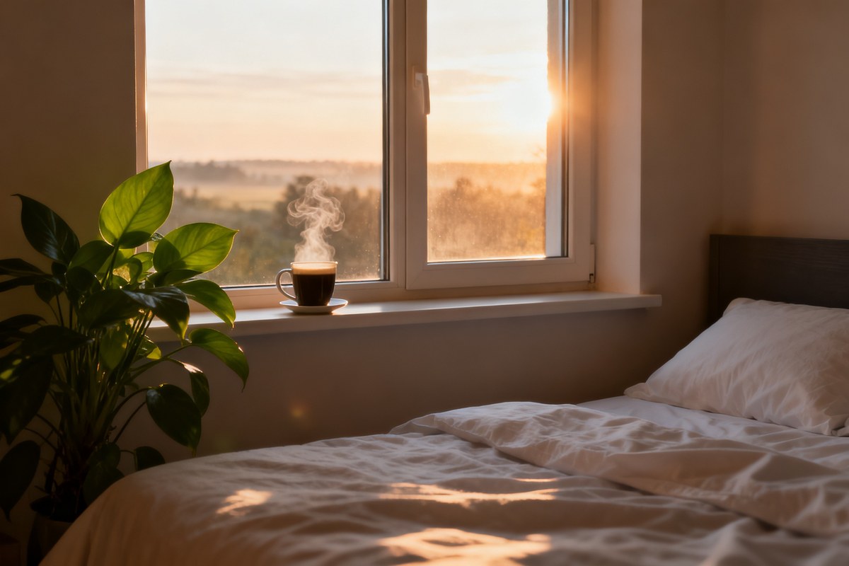 Lumiere du matin entrant par une fenetre dans une chambre, tasse de cafe fumant sur le rebord