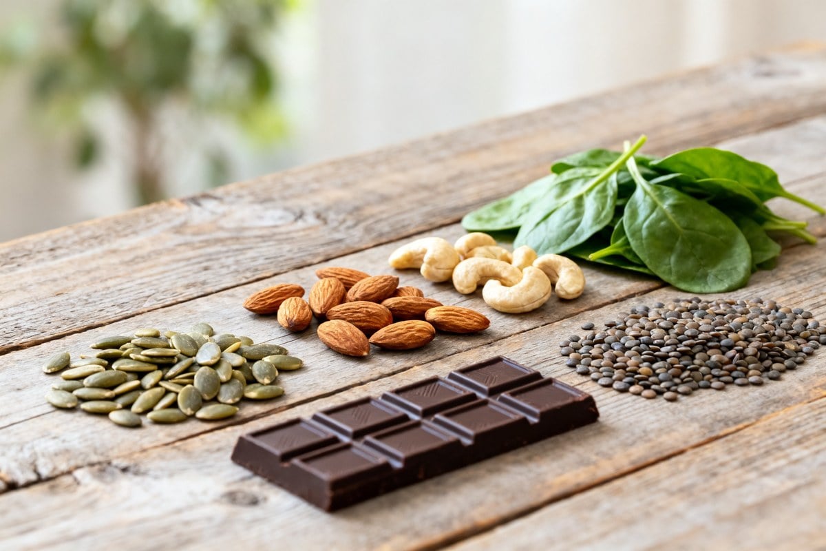 Aliments riches en magnesium : graines de courge, amandes, noix de cajou, epinards, lentilles et chocolat noir.