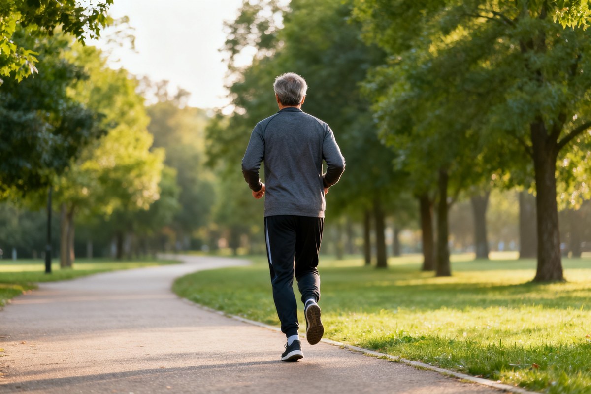 Personne marchant de dos sur un chemin de parc dans la lumière du matin.