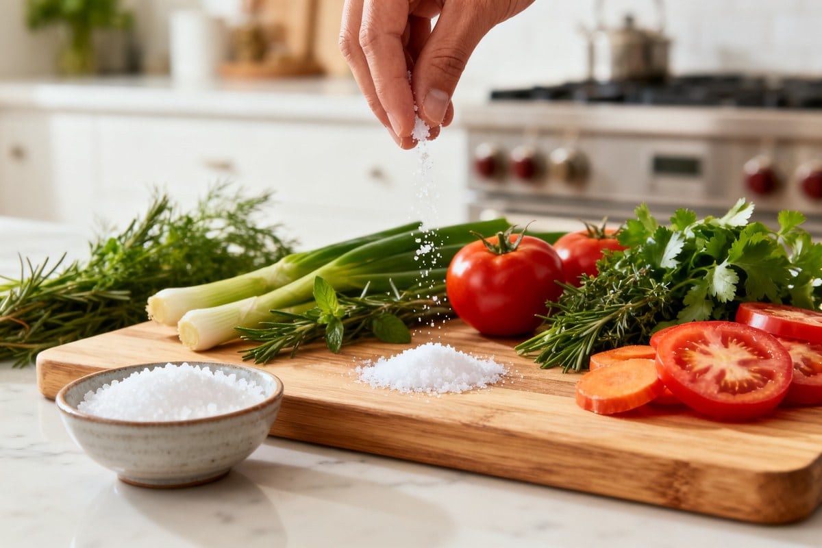 Main saupoudrant une pincée de sel au-dessus d'une planche en bois garnie de légumes frais et d'herbes