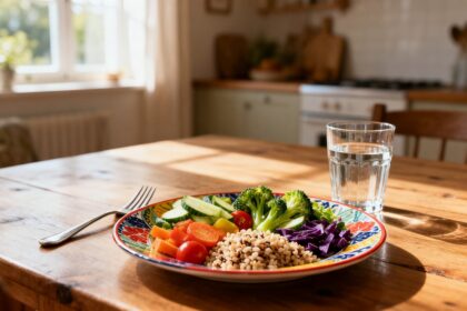 Assiette colorée de légumes et céréales sur une table en bois, fourchette au repos et verre d'eau, lumière douce