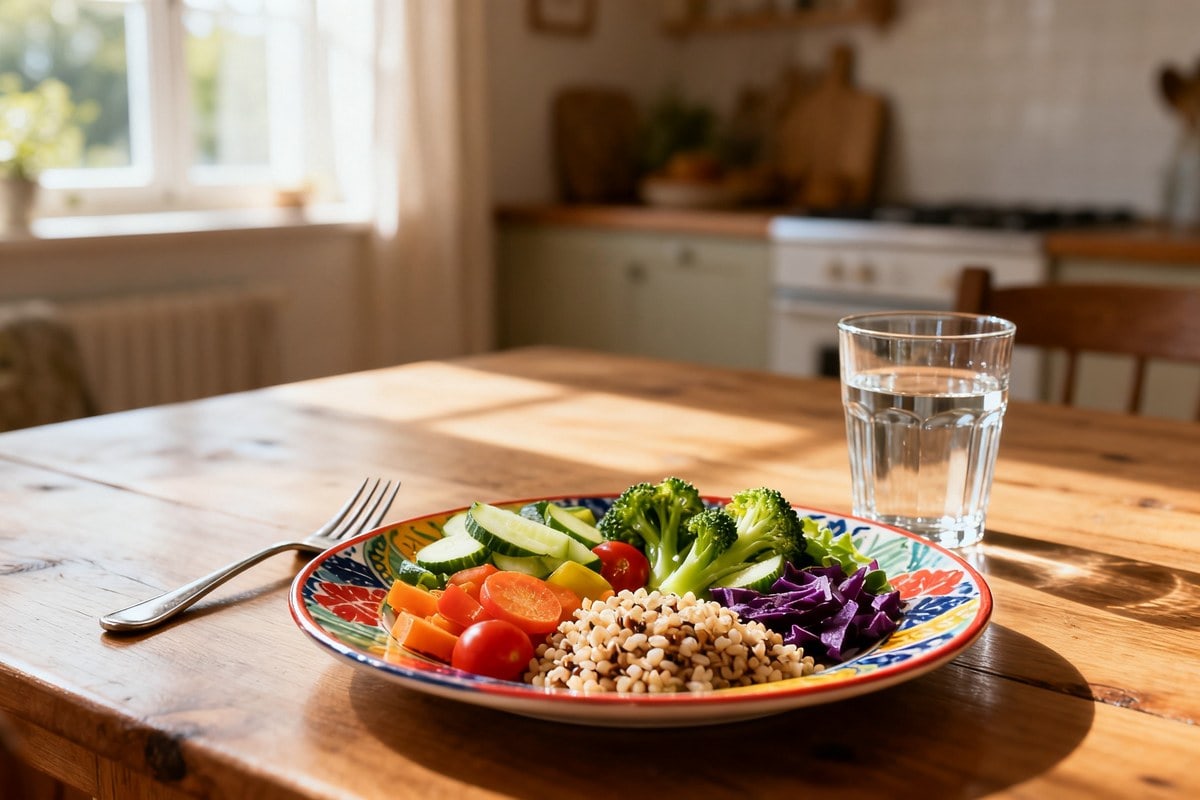 Assiette colorée de légumes et céréales sur une table en bois, fourchette au repos et verre d'eau, lumière douce
