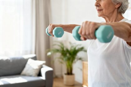 Une personne âgée réalise un exercice de renforcement musculaire avec des haltères légers dans un salon lumineux