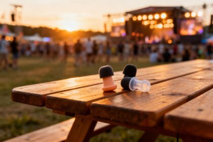 Bouchons d'oreille en mousse posés sur une table en bois devant la scène d'un festival de musique au crépuscule