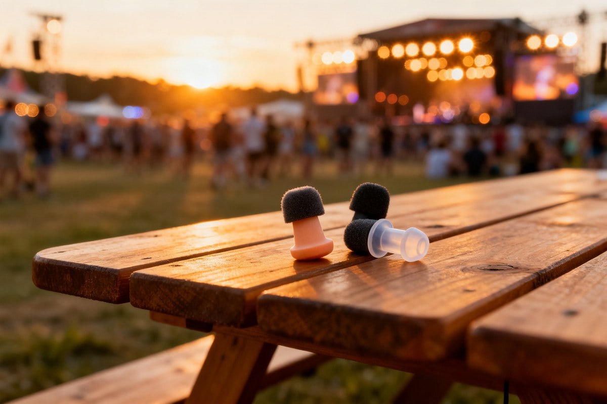 Bouchons d'oreille en mousse posés sur une table en bois devant la scène d'un festival de musique au crépuscule