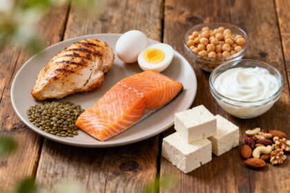 Aliments riches en proteines sur une table en bois : oeufs, poisson, legumineuses, tofu et fruits a coque.