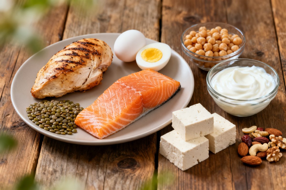 Aliments riches en proteines sur une table en bois : oeufs, poisson, legumineuses, tofu et fruits a coque.